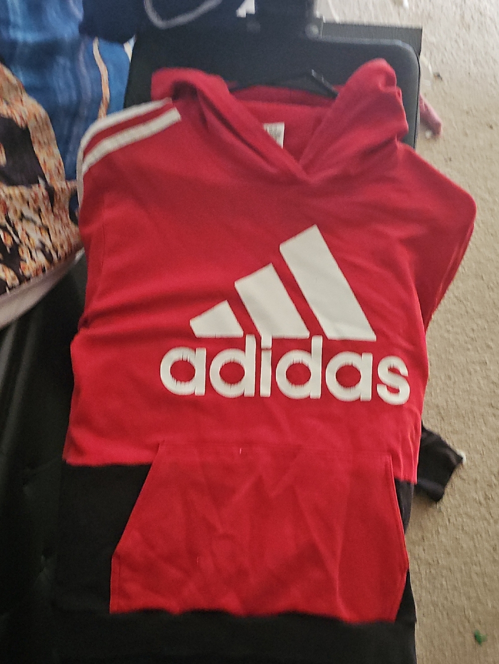 adidas Red Kids Hoodie with White Logo and Stripes